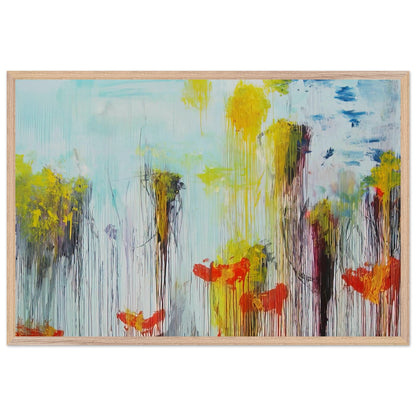 Lepanto, Part VII by Cy Twombly framed art print; featuring vibrant turquoise and aquamarine tones, vivid yellow brushstrokes, fiery orange and red accents; size 70 × 100 cm (28 × 40 in); wood frame.