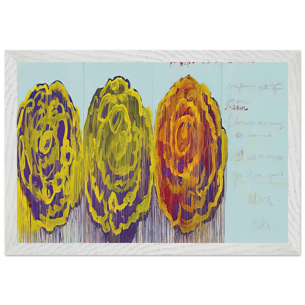 The Rose (III) by Cy Twombly framed art print; featuring three oversized rose-like forms in vivid golden yellow, fiery orange, rich magenta; size 70 × 100 cm (28 × 40 in); black frame.