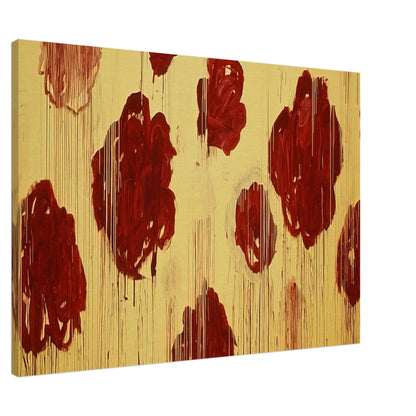 Untitled (Blooming, A Scattering of Blossoms & Other Things) by Cy Twombly canvas print, 40 × 50 cm / 16 × 20 in: This striking composition features vivid red and burgundy forms scattered across a radiant golden-yellow….