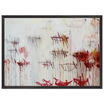 Lepanto, Part IX by Cy Twombly framed art print; featuring a luminous pale blue and ivory background, energetic crimson and burgundy marks, delicate yellow accents; size 30 × 45 cm (12 × 18 in); black frame.