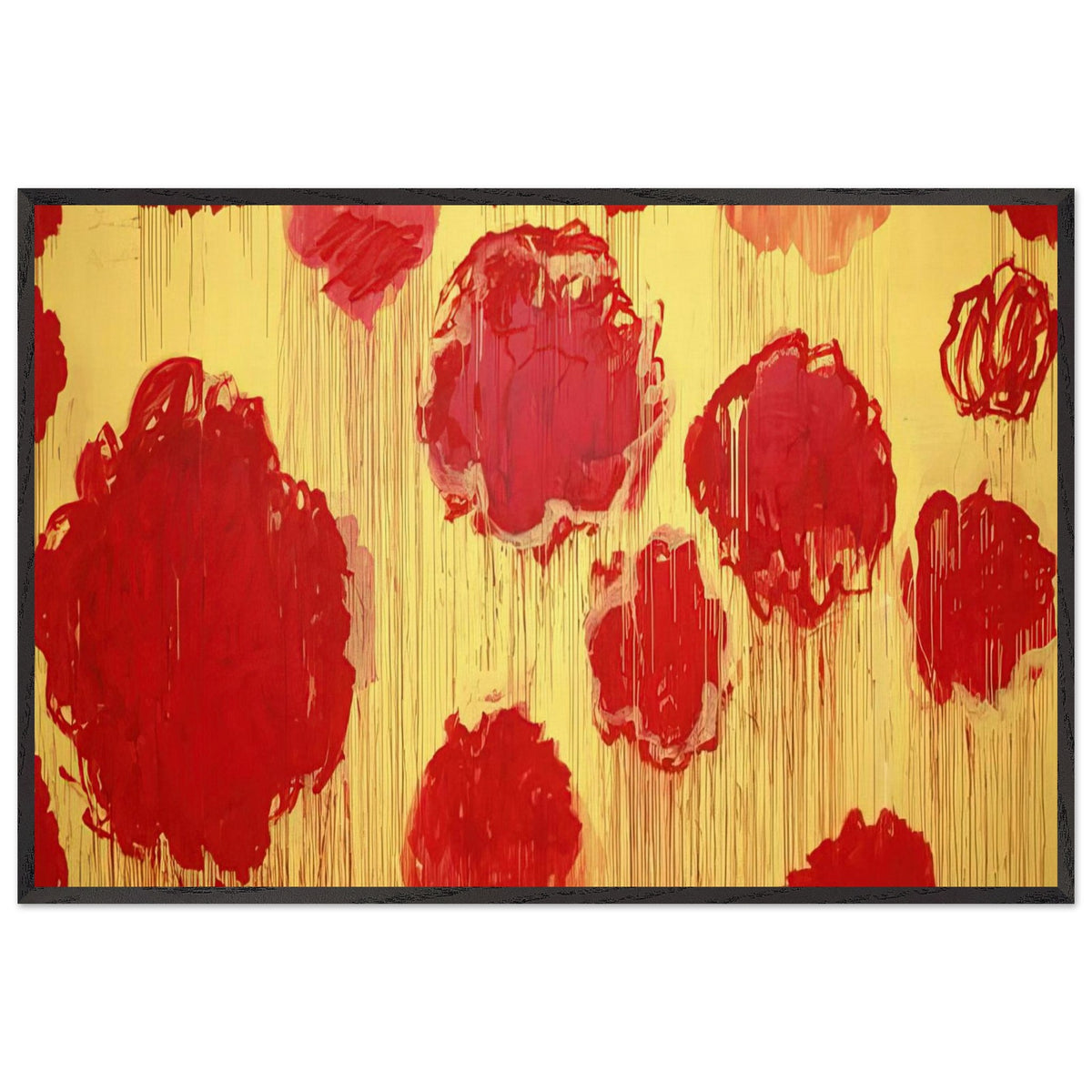 Untitled (Peonias Series) by Cy Twombly framed art print; featuring bold crimson-red and scarlet flower forms against a luminous golden-yellow background; size 30 × 45 cm (12 × 18 in); wood frame.