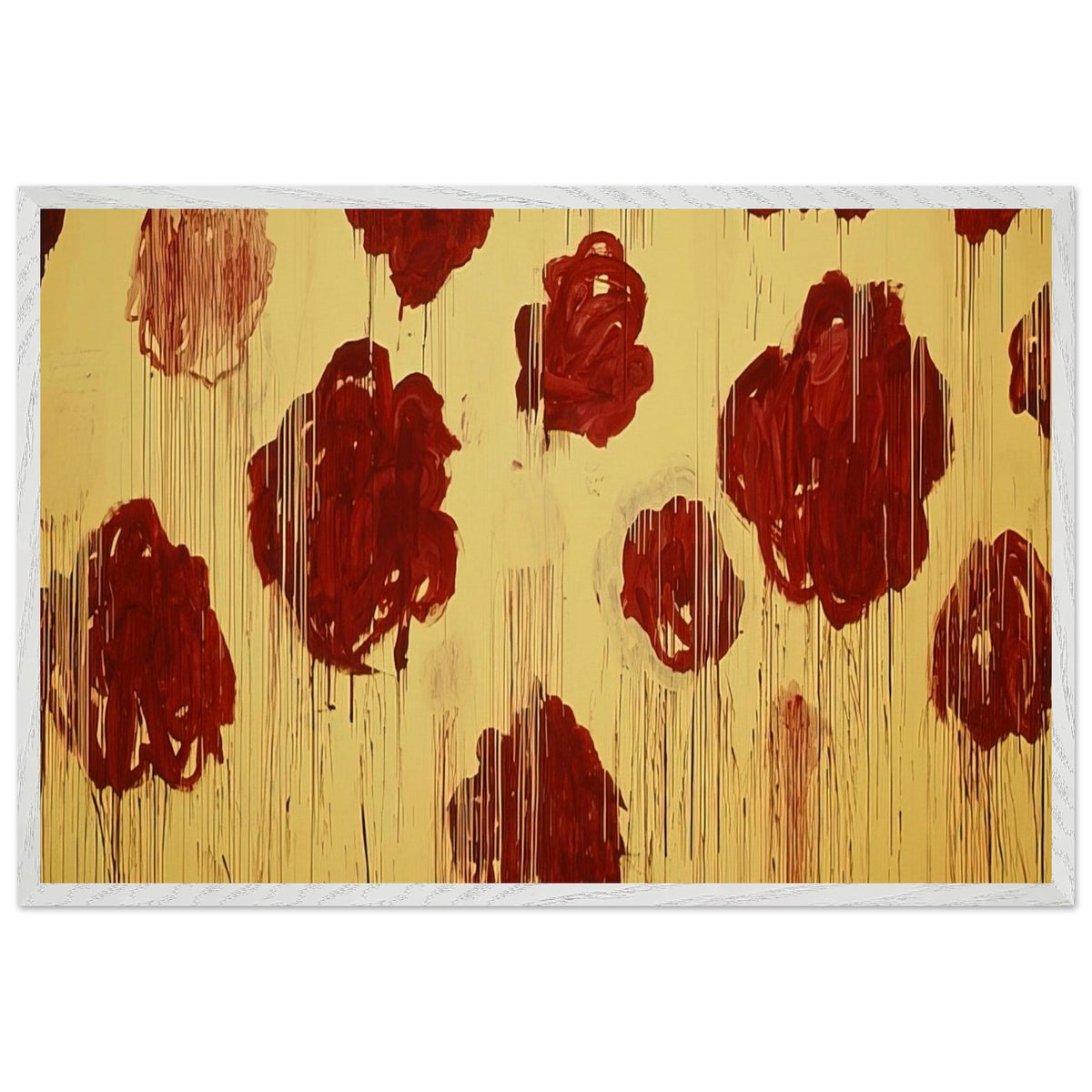 Untitled (Blooming, A Scattering of Blossoms & Other Things) by Cy Twombly framed art print; featuring vivid crimson-red and deep burgundy blossoms scattered across a luminous golden-yellow background; size 70 × 100 cm (28 × 40 in); white frame.