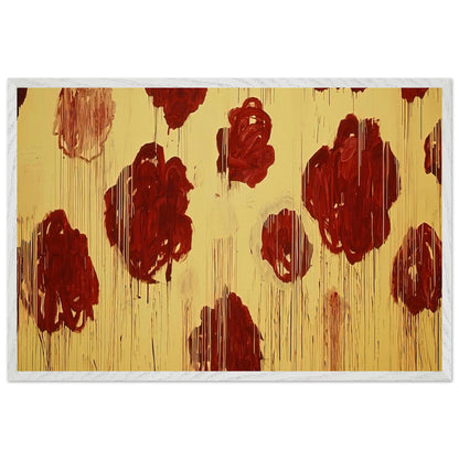 Untitled (Blooming, A Scattering of Blossoms & Other Things) by Cy Twombly framed art print; featuring vivid crimson-red and deep burgundy blossoms scattered across a luminous golden-yellow background; size 70 × 100 cm (28 × 40 in); white frame.