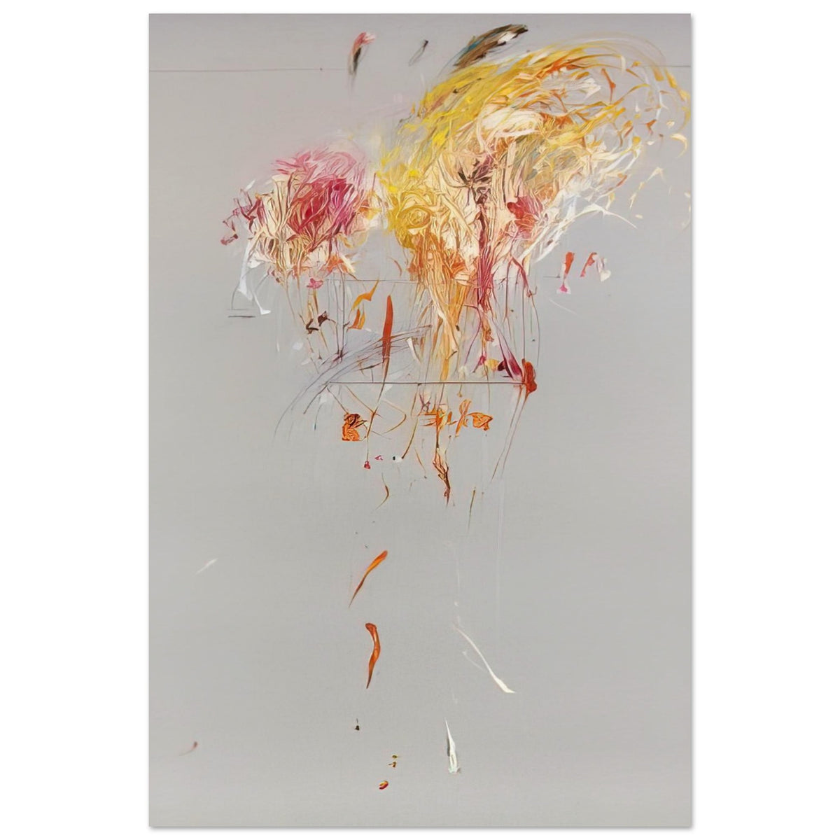 Nine Discourses on Commodus, Part IX by Cy Twombly, poster, muted gray background, energetic strokes of yellow and gold, 20x25 cm (8x10 in)