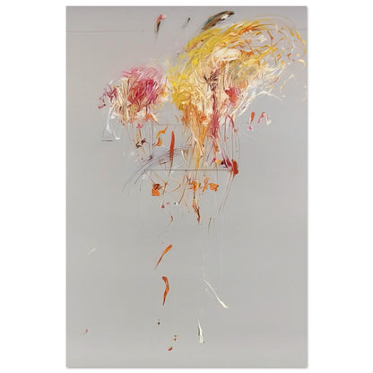 Nine Discourses on Commodus, Part IX by Cy Twombly, poster, muted gray background, energetic strokes of yellow and gold, 20x25 cm (8x10 in)