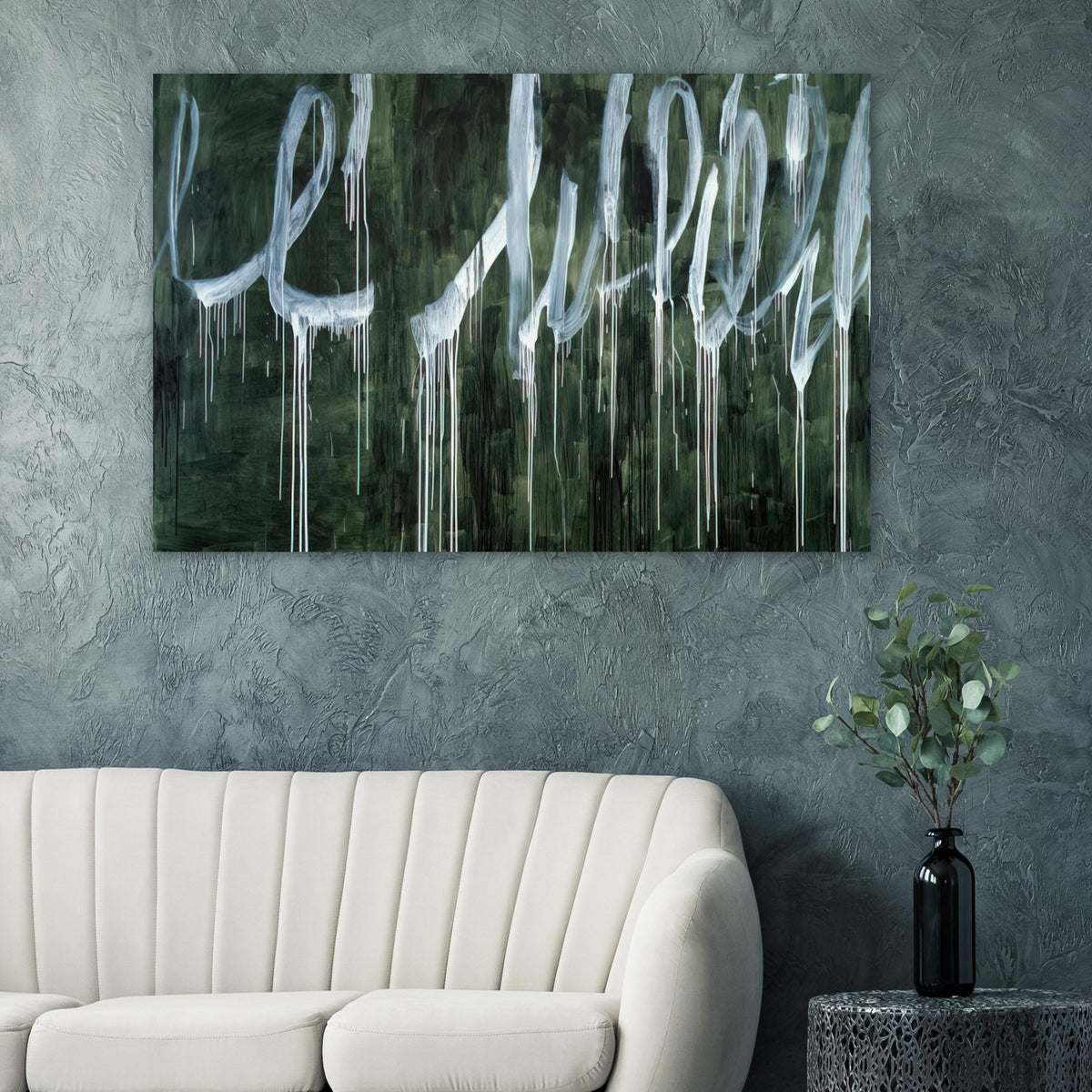 III Notes from Salalah (Note I) by Cy Twombly poster: a deep forest-green background covered with oversized, flowing white loops and sweeping calligraphic….