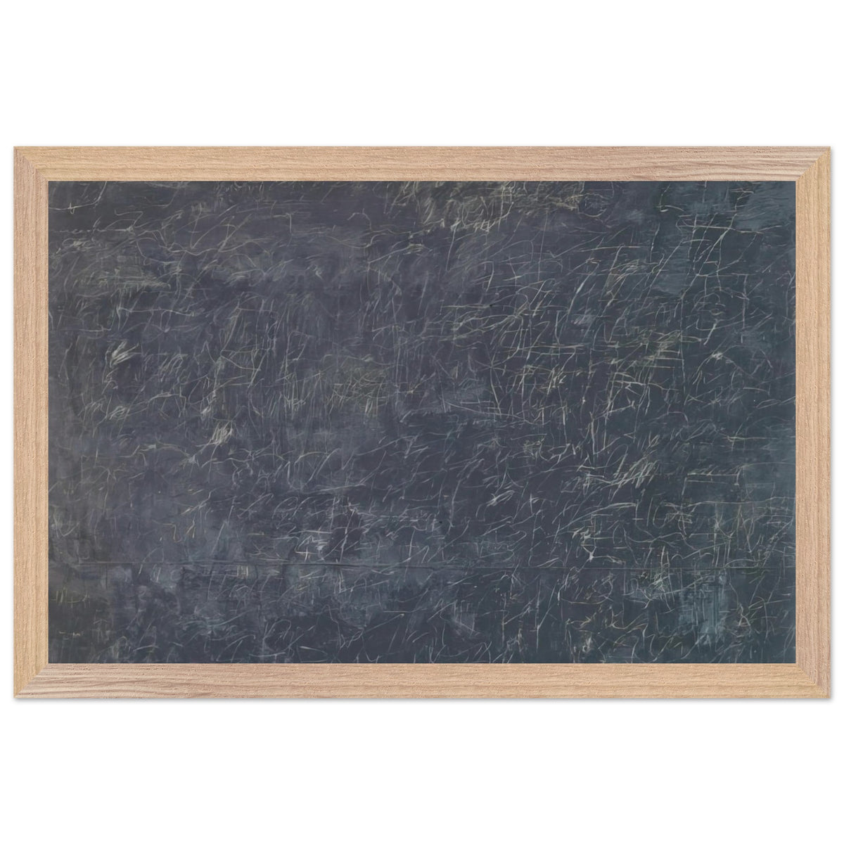 Panorama by Cy Twombly framed art print; featuring a deep charcoal-gray background covered with intricate white and pale-gray scribbles, intersecting lines; size 30 × 45 cm (12 × 18 in); white frame.