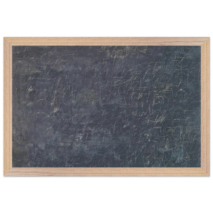 Panorama by Cy Twombly framed art print; featuring a deep charcoal-gray background covered with intricate white and pale-gray scribbles, intersecting lines; size 30 × 45 cm (12 × 18 in); white frame.