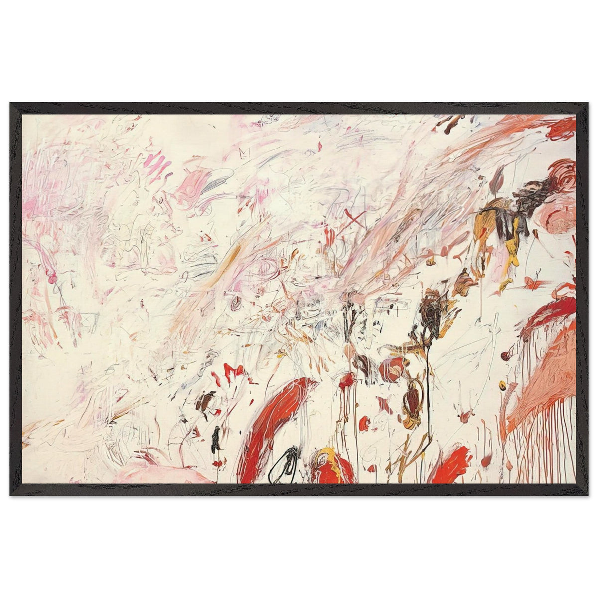 Ferragosto III by Cy Twombly framed art print; featuring energetic brushstrokes, delicate scribbles, and layered gestures in shades of red, pink, rust, orange, ochre; size 50 × 70 cm (20 × 28 in); white frame.