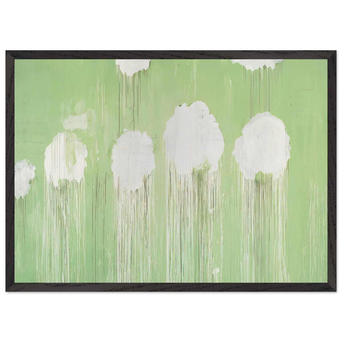 Untitled (Peony Blossom Painting) by Cy Twombly framed art print; featuring delicate white peony blossoms against a soft, luminous green background; size 60 × 90 cm (24 × 36 in); black frame.
