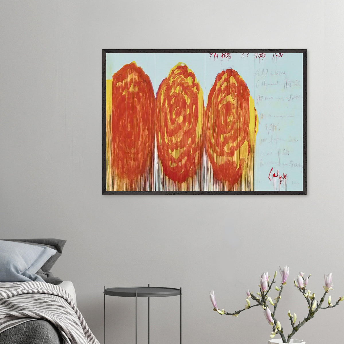 The Rose (II) by Cy Twombly framed art print; featuring three oversized rose-like forms in vibrant orange, fiery red.