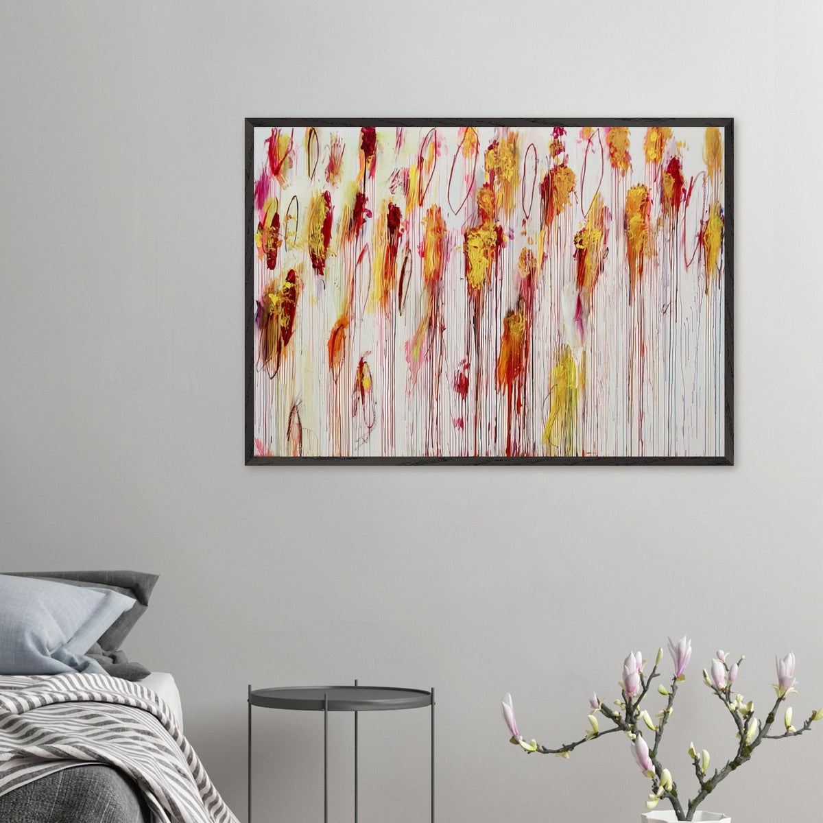 Lepanto, Part VIII by Cy Twombly framed art print; featuring vivid golden-yellow and orange brushstrokes, deep crimson and burgundy accents, delicate pink marks.