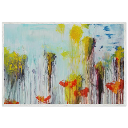 Lepanto, Part VII by Cy Twombly framed art print; featuring vibrant turquoise and aquamarine tones, vivid yellow brushstrokes, fiery orange and red accents; size 28 × 43 cm (11 × 17 in); white frame.