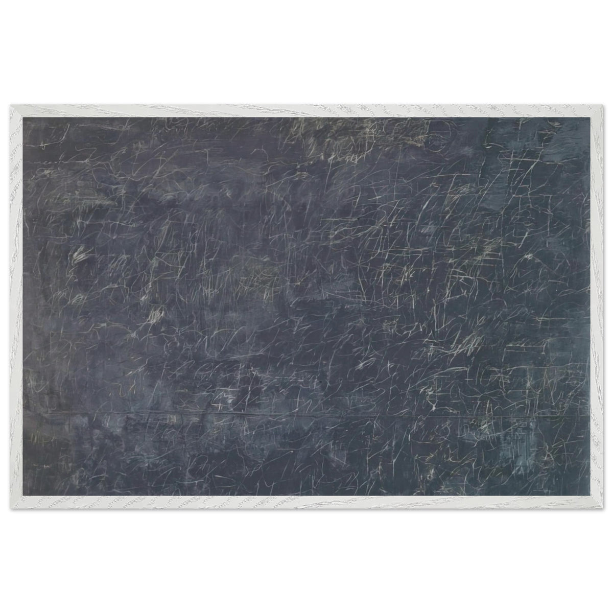Panorama by Cy Twombly framed art print; featuring a deep charcoal-gray background covered with intricate white and pale-gray scribbles, intersecting lines; size 800 × 1200 mm (32 × 48 in); wood frame.