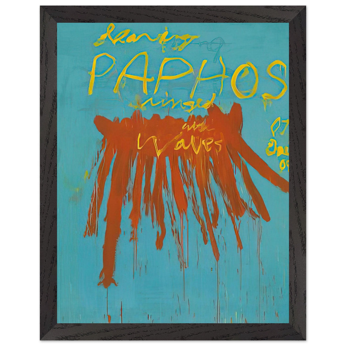 Leaving Paphos Ringed with Waves (IV) by Cy Twombly, framed art print, 50x70 cm / 20x28″, Black frame; a turquoise background with bold orange-red brushstrokes and expressive yellow