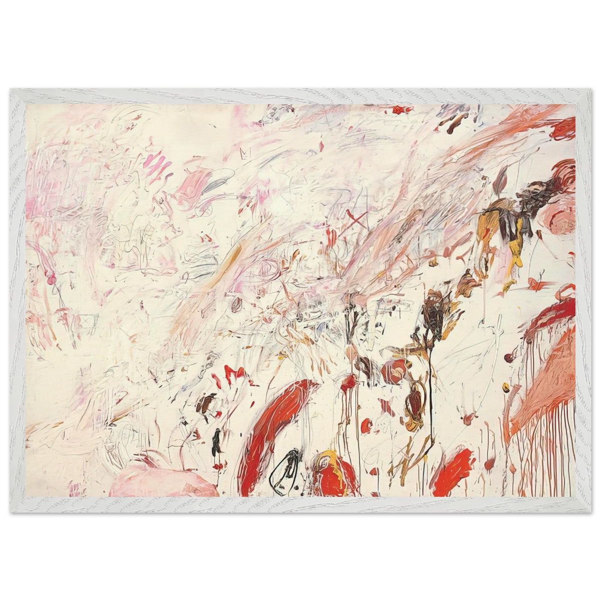 Ferragosto III by Cy Twombly framed art print; featuring energetic brushstrokes, delicate scribbles, and layered gestures in shades of red, pink, rust, orange, ochre; size 30 × 45 cm (12 × 18 in); white frame.