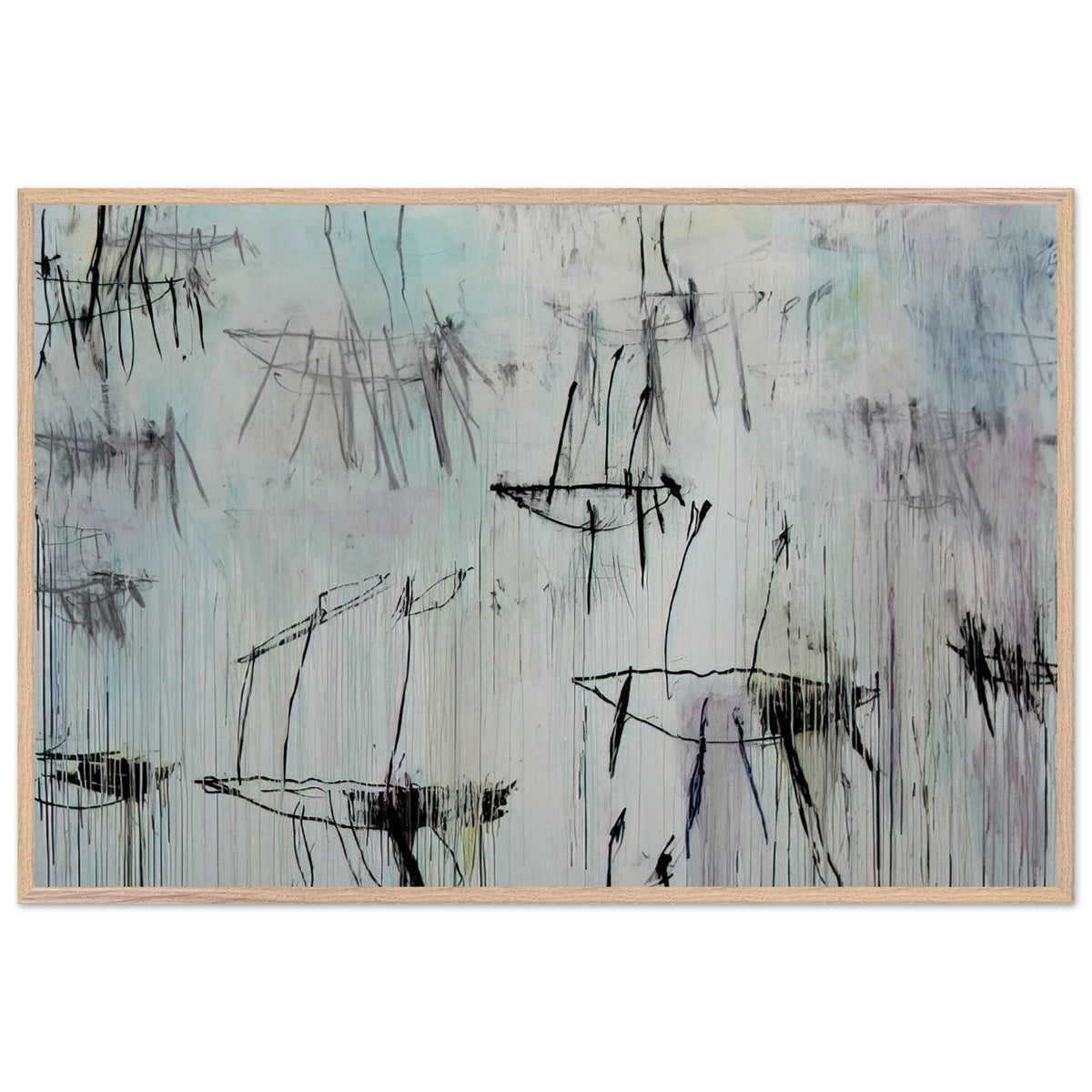 Lepanto, Part V by Cy Twombly framed art print; featuring a pale blue and ivory background, expressive black lines, delicate gray marks, subtle pink undertones; size A1 (59.4 × 84.1 cm); wood frame.