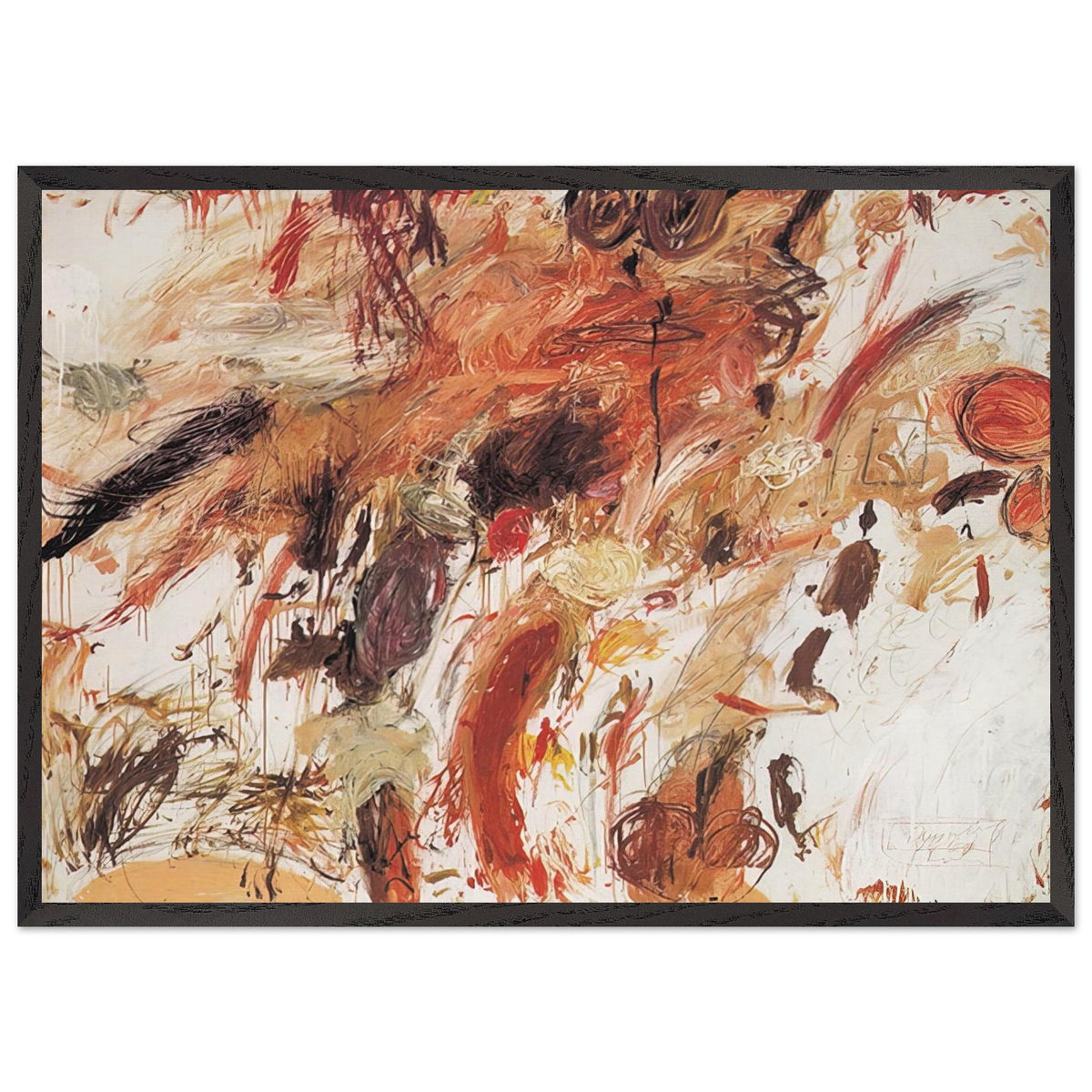 Ferragosto V by Cy Twombly framed art print; featuring energetic brushstrokes, layered pigments, and spontaneous gestures in shades of rust red, burnt orange; size A1 (59.4 × 84.1 cm); black frame.