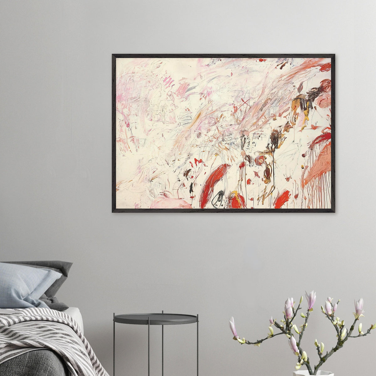 Ferragosto III by Cy Twombly framed art print; featuring energetic brushstrokes, delicate scribbles, and layered gestures in shades of red, pink, rust, orange, ochre.