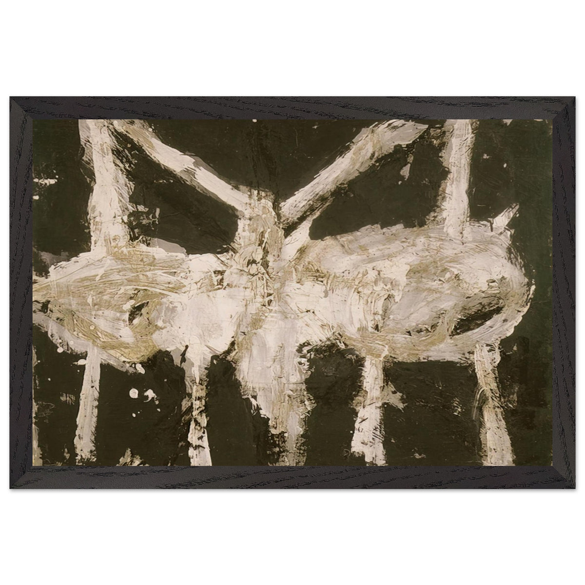 Min-Oe by Cy Twombly framed art print; featuring bold black and deep olive tones contrasted with expressive ivory and cream forms; size 50 × 70 cm (20 × 28 in); black frame.