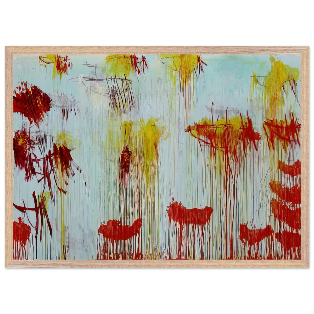 Lepanto, Part XI by Cy Twombly framed art print; featuring a luminous turquoise and pale blue background with vibrant golden-yellow brushstrokes; size 70 × 100 cm (28 × 40 in); wood frame.