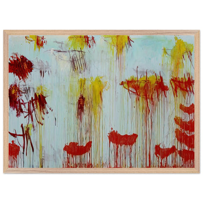Lepanto, Part XI by Cy Twombly framed art print; featuring a luminous turquoise and pale blue background with vibrant golden-yellow brushstrokes; size 70 × 100 cm (28 × 40 in); wood frame.
