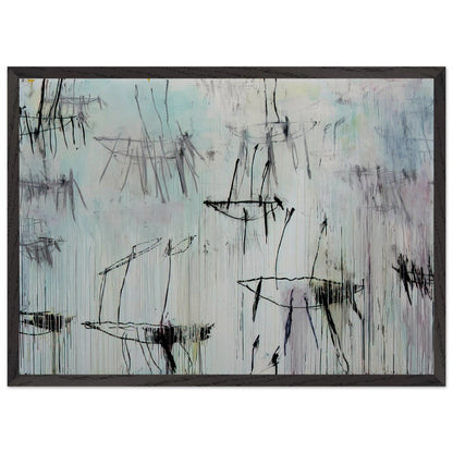 Lepanto, Part V by Cy Twombly framed art print; featuring a pale blue and ivory background, expressive black lines, delicate gray marks, subtle pink undertones; size 28 × 43 cm (11 × 17 in); black frame.