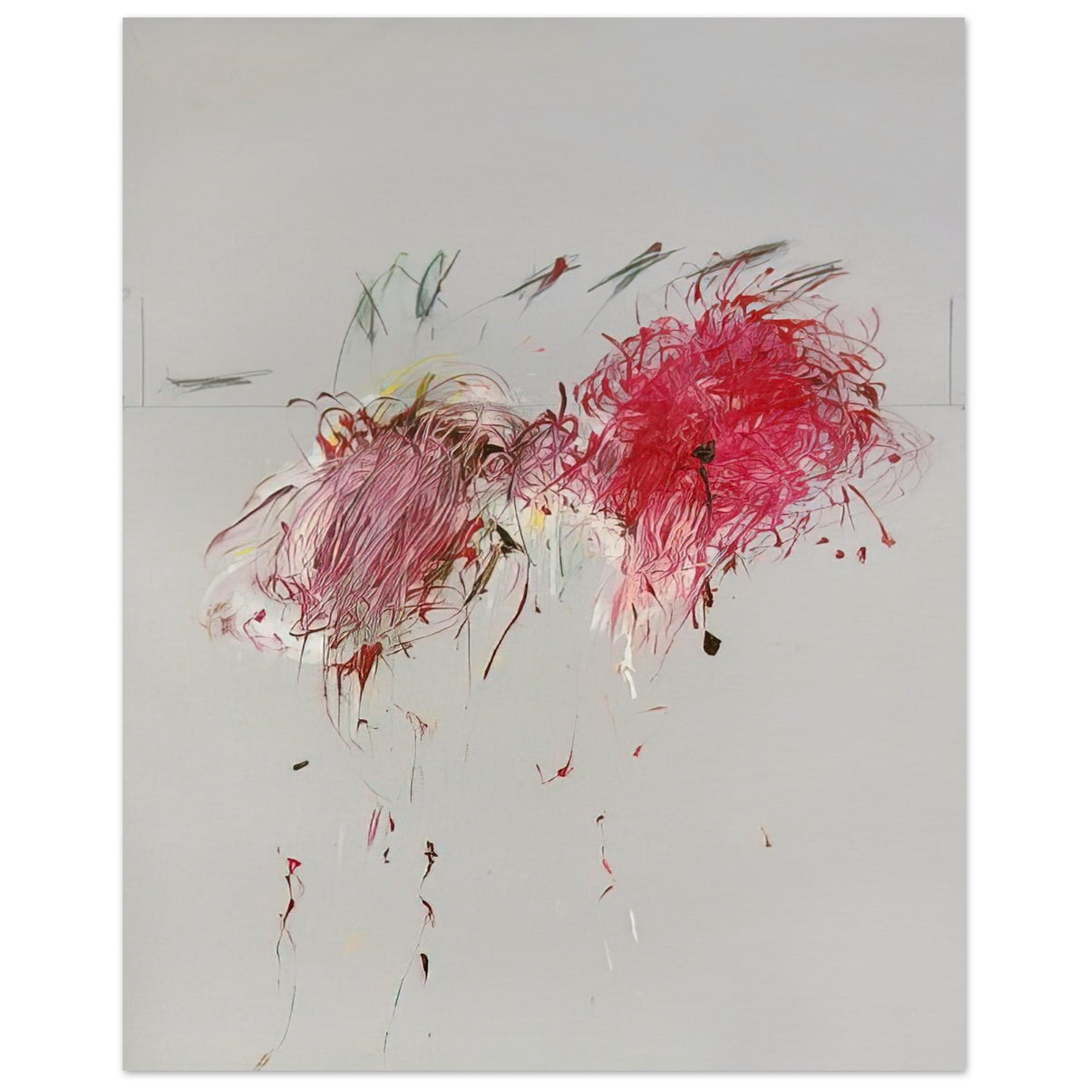 Nicola's Irises by Cy Twombly, poster, 60x80 cm / 24x32″; sweeping red and crimson brushstrokes, delicate pink accents, cool blue details, and dark gestural lines against a pale background