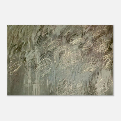 III Notes from Salalah (Note II) by Cy Twombly poster: This expressive composition features a layered gray-green background covered with delicate ivory and pale….