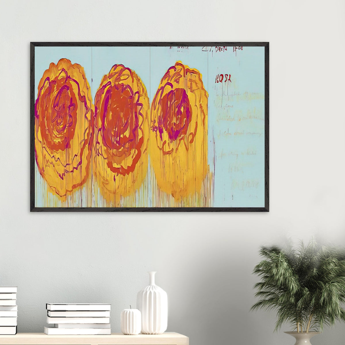 The Rose (I) by Cy Twombly framed art print; featuring three large, abstract rose forms painted in radiant golden yellow, fiery orange, deep red.