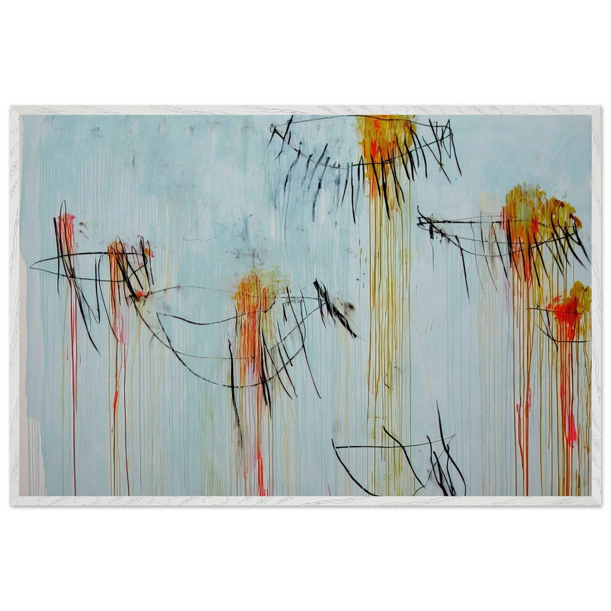 Lepanto, Part II by Cy Twombly framed art print; featuring a luminous turquoise-blue background, energetic black gestural lines, and vivid accents of yellow, orange; size 800 × 1200 mm (32 × 48 in); wood frame.
