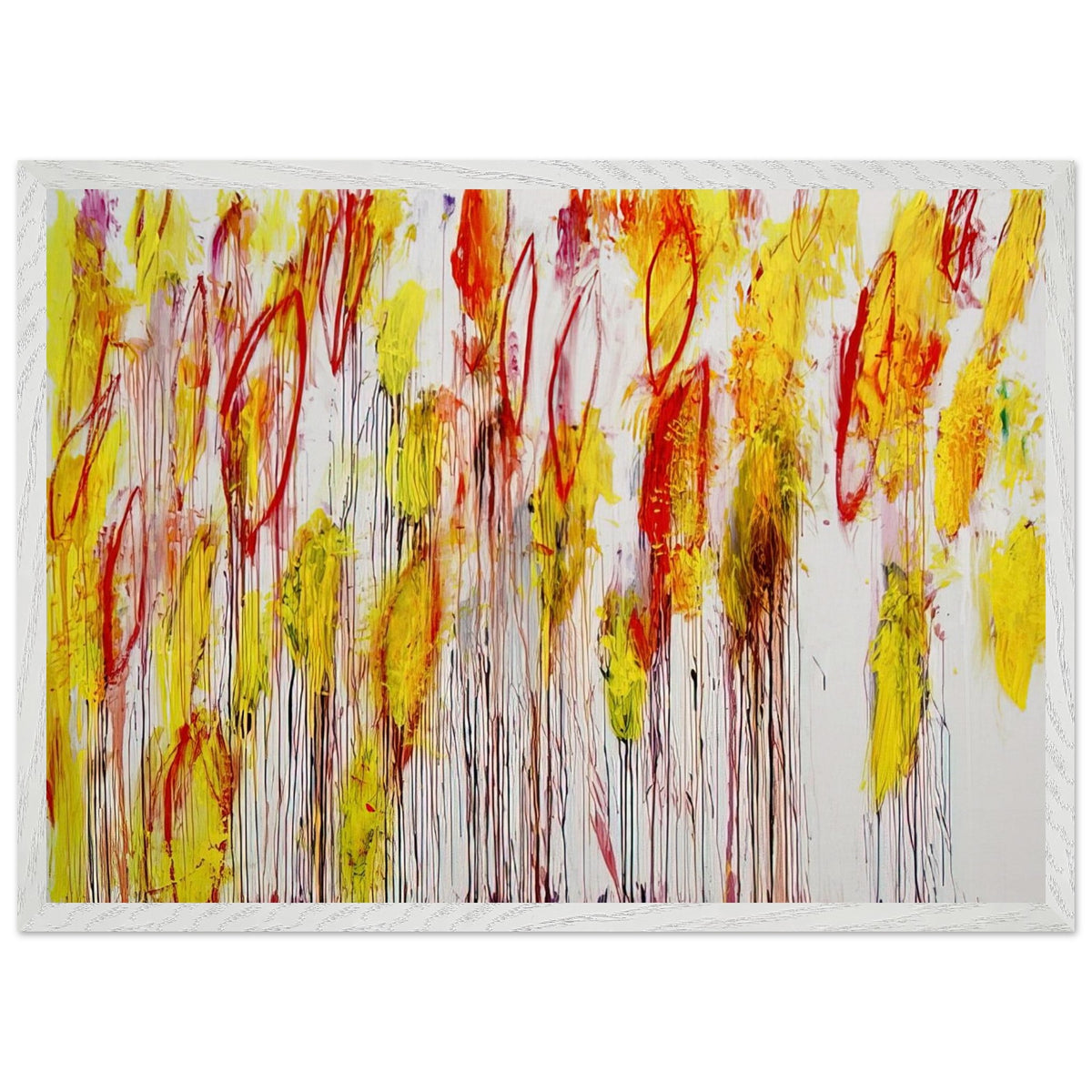 Lepanto, Part I by Cy Twombly framed art print; featuring vivid yellow and golden-orange brushstrokes, fiery red accents, delicate pink marks; size 30 × 45 cm (12 × 18 in); white frame.