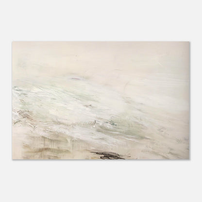 Hero and Leandro (A Painting in Four Parts) Part II by Cy Twombly poster: a pale, expansive background layered with delicate white and gray brushstrokes, subtle beige tones….