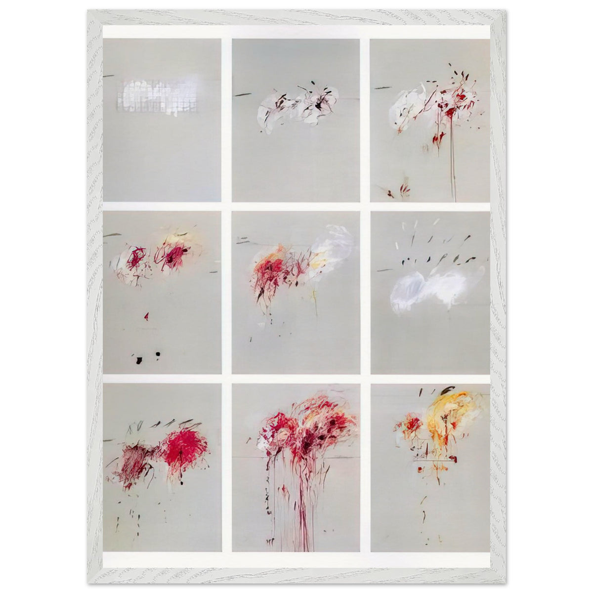 Nine Discourses on Commodus by Cy Twombly, framed art print, nine individual panels distinguished by muted gray backgrounds, 70x100 cm (28x40 in), white frame