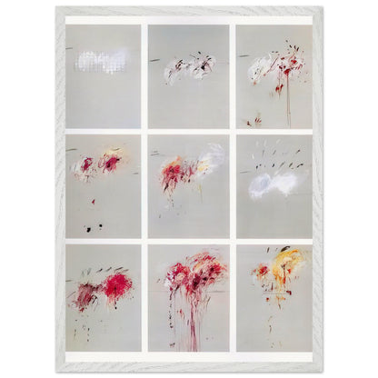 Nine Discourses on Commodus by Cy Twombly, framed art print, nine individual panels distinguished by muted gray backgrounds, 70x100 cm (28x40 in), white frame