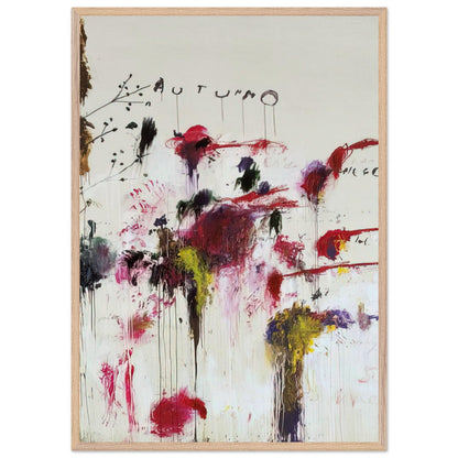 Quattro Stagioni II. Autunno by Cy Twombly, framed art print, bold red and crimson brushstrokes, rich purple and burgundy accents, 27x35 cm (11x14 in), wood frame