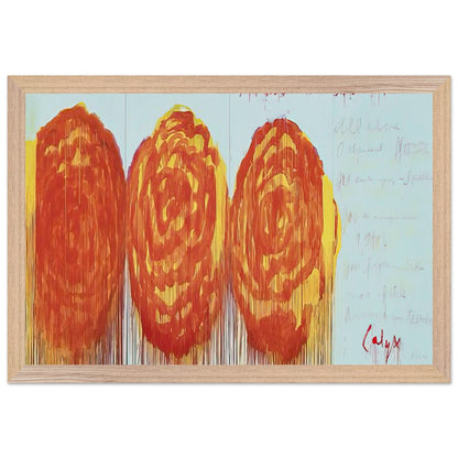 The Rose (II) by Cy Twombly framed art print; featuring three oversized rose-like forms in vibrant orange, fiery red; size 30 × 45 cm (12 × 18 in); white frame.