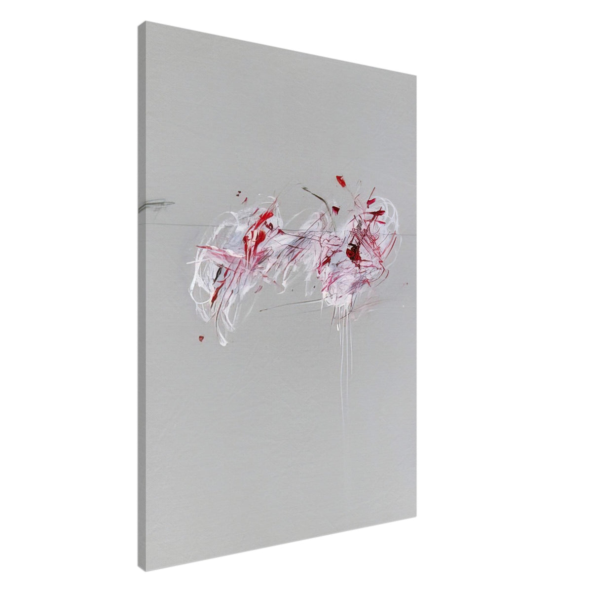 Nine Discourses on Commodus, Part II by Cy Twombly, canvas print, 45x60 cm / 18x24″; a restrained gray background, expressive red and crimson forms, delicate white brushstrokes