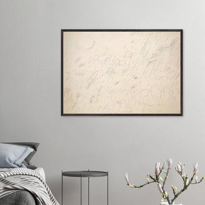 Olympia by Cy Twombly framed art print; featuring a warm ivory and pale cream background covered with delicate pencil-like lines, overlapping scribbles.