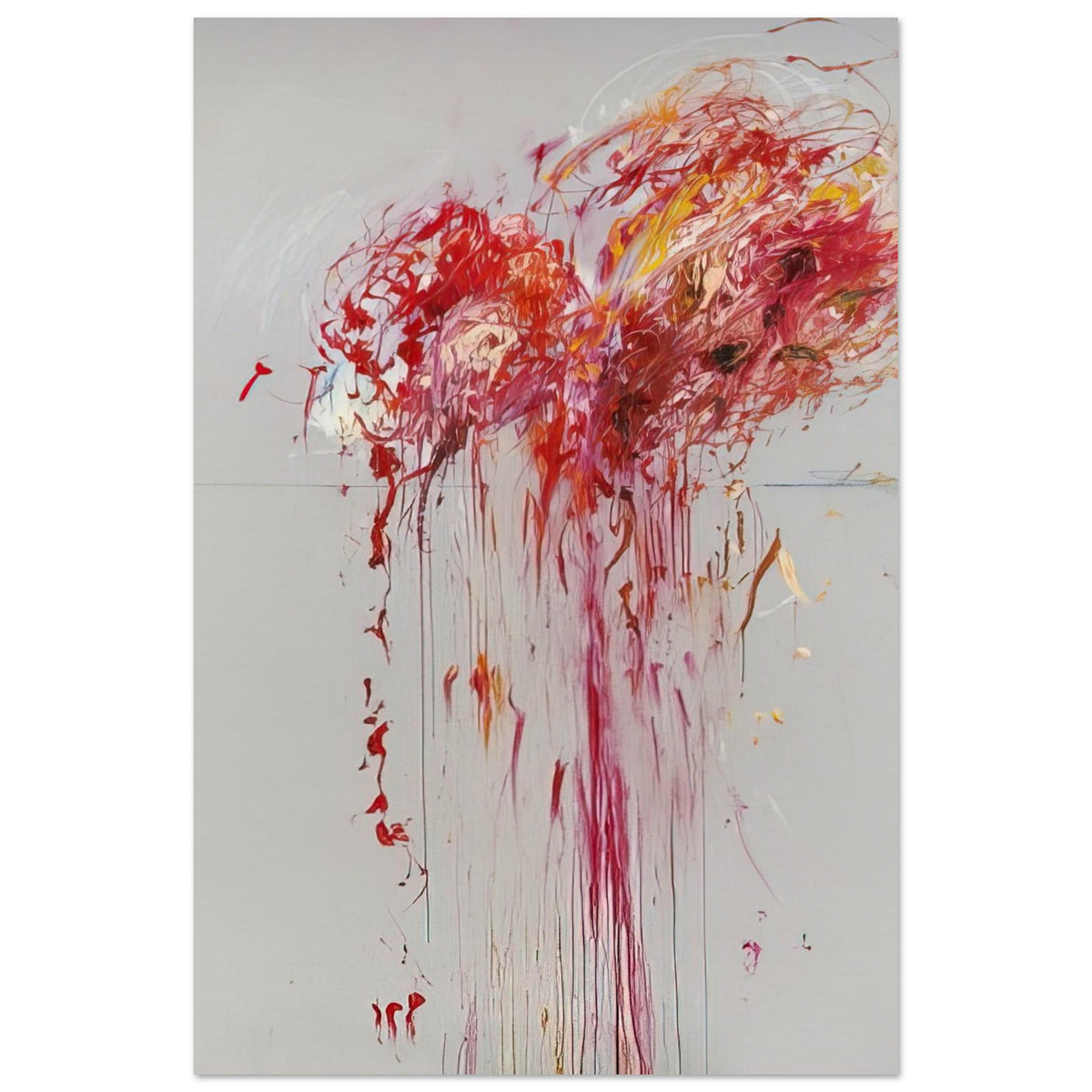 Nine Discourses on Commodus, Part VIII by Cy Twombly, poster, explosive red and crimson brushstrokes, vibrant pink and orange, 20x25 cm (8x10 in)
