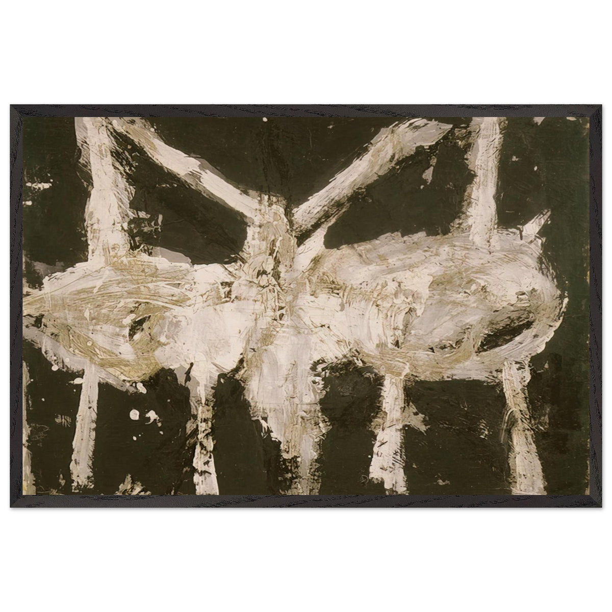 Min-Oe by Cy Twombly framed art print; featuring bold black and deep olive tones contrasted with expressive ivory and cream forms; size 60 × 90 cm (24 × 36 in); wood frame.