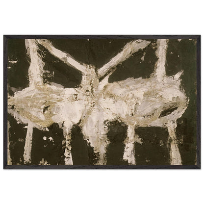 Min-Oe by Cy Twombly framed art print; featuring bold black and deep olive tones contrasted with expressive ivory and cream forms; size 60 × 90 cm (24 × 36 in); wood frame.