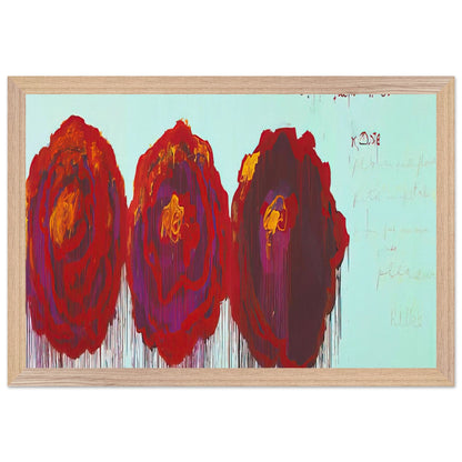 The Rose (IV) by Cy Twombly framed art print; featuring three oversized rose forms in deep crimson, fiery red, rich burgundy, and vivid violet; size 70 × 100 cm (28 × 40 in); wood frame.