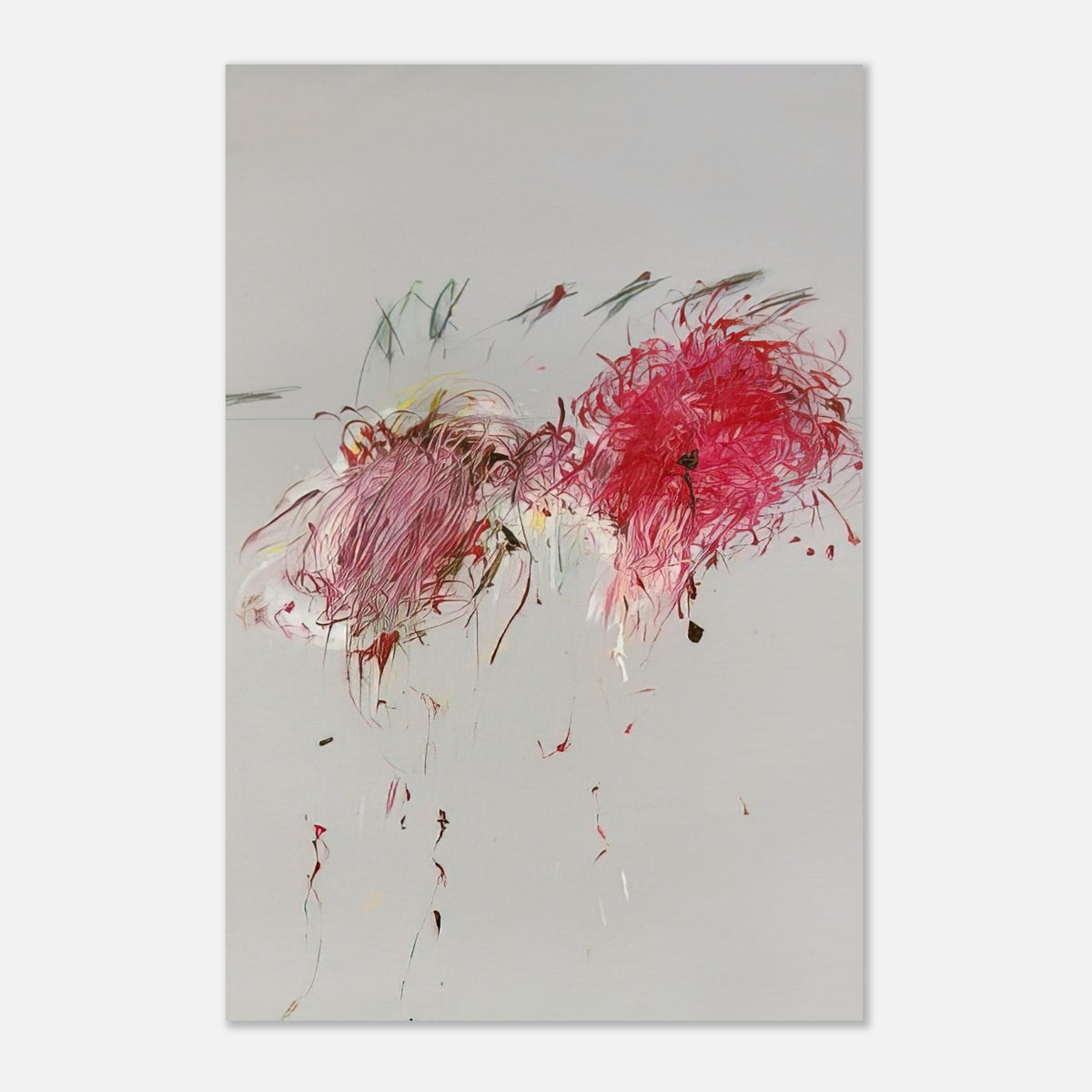 Nicola's Irises by Cy Twombly, poster; sweeping red and crimson brushstrokes, delicate pink accents, cool blue details, and dark gestural lines against a pale background
