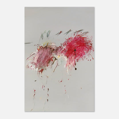 Nicola's Irises by Cy Twombly, poster; sweeping red and crimson brushstrokes, delicate pink accents, cool blue details, and dark gestural lines against a pale background