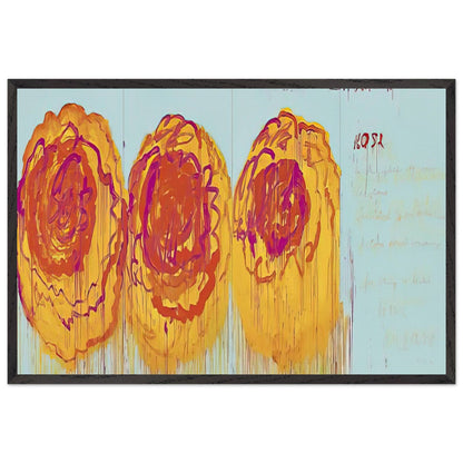 The Rose (I) by Cy Twombly framed art print; featuring three large, abstract rose forms painted in radiant golden yellow, fiery orange, deep red; size 50 × 70 cm (20 × 28 in); white frame.