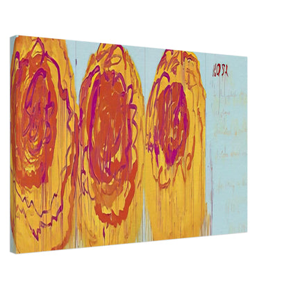 The Rose (I) by Cy Twombly canvas print, 50 × 75 cm / 20 × 30 in: This striking composition features three large, rose-inspired forms in vivid red, orange, yellow….
