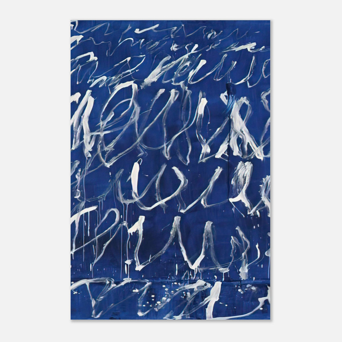 Untitled by Cy Twombly, poster, expressive white brushstrokes across a deep blue background