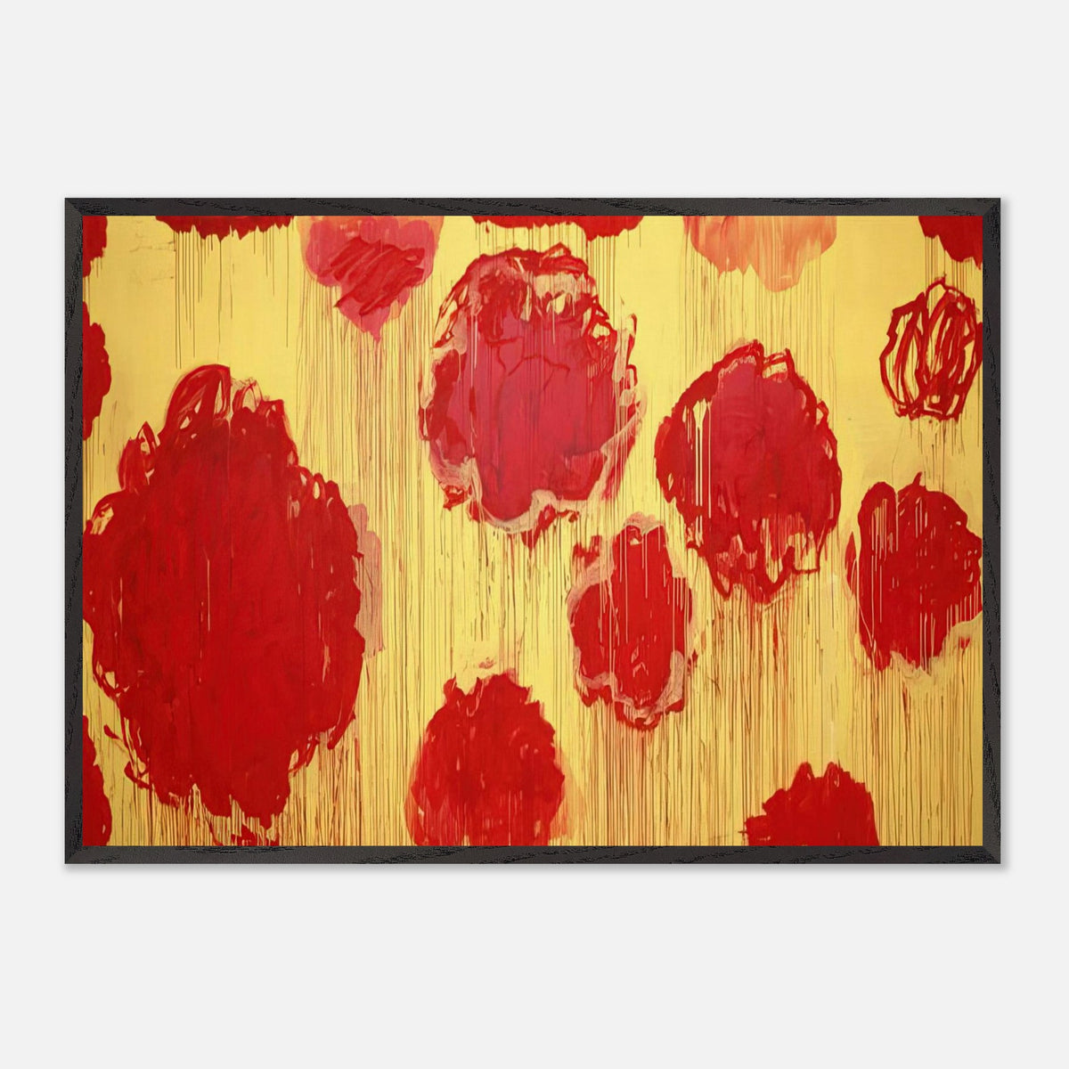 Untitled (Peonias Series) by Cy Twombly framed art print; featuring bold crimson-red and scarlet flower forms against a luminous golden-yellow background.