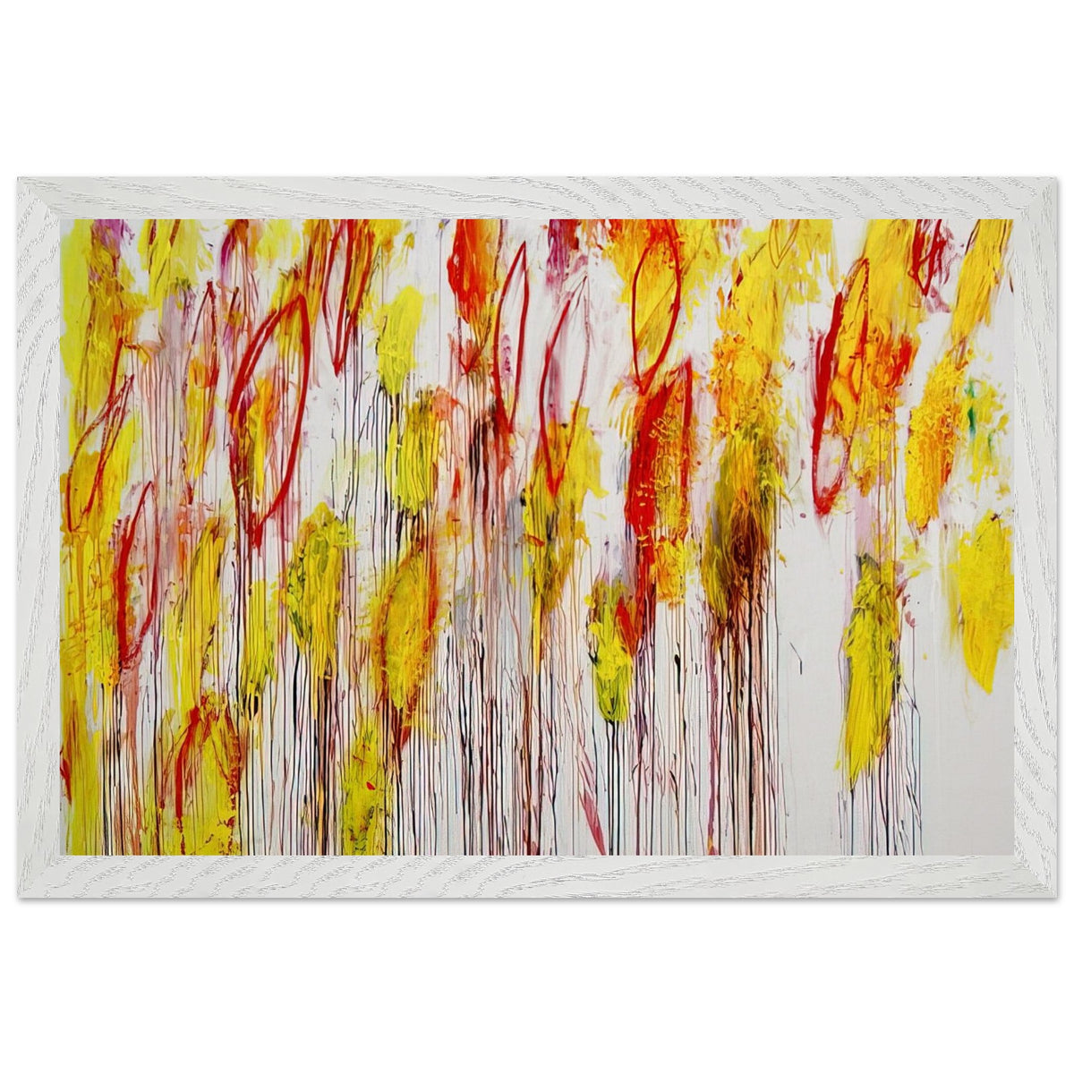 Lepanto, Part I by Cy Twombly framed art print; featuring vivid yellow and golden-orange brushstrokes, fiery red accents, delicate pink marks; size 50 × 70 cm (20 × 28 in); black frame.
